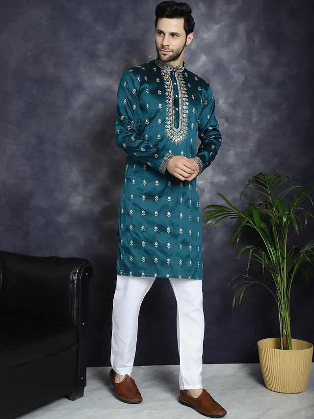 Men's Peacock Blue Chikankari Embroidered Kurta