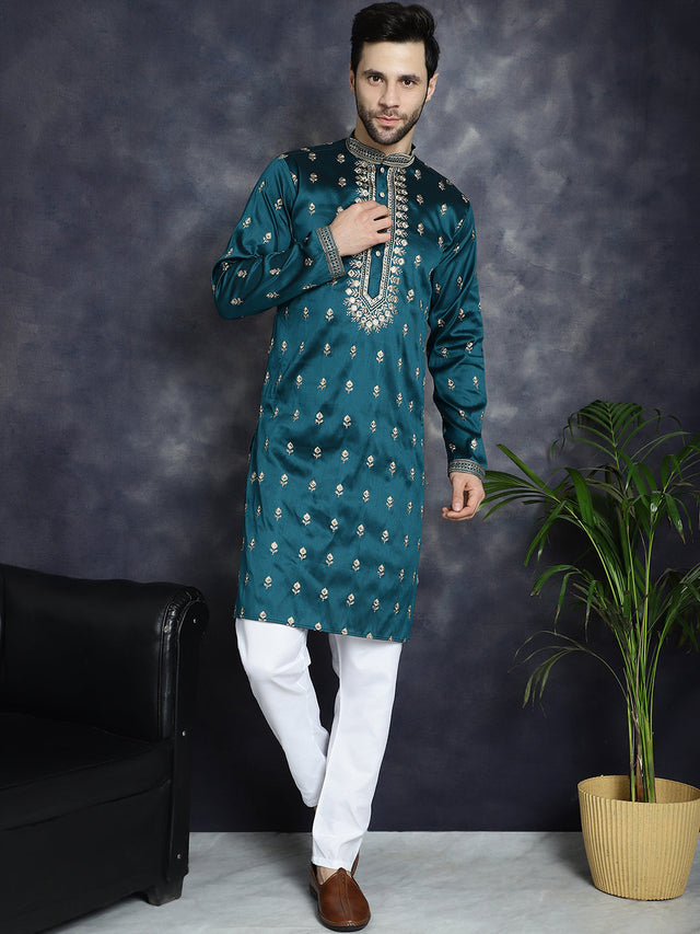 Men's Peacock Blue Chikankari Embroidered Kurta