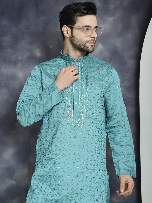 Men's Blue Sequins Embroidered Kurta