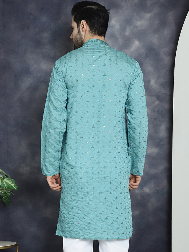 Men's Blue Sequins Embroidered Kurta