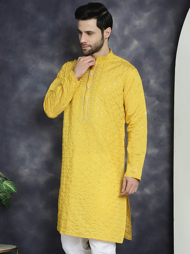 Men's Mustard Sequins Embroidered Kurta (KO_5044Mustard)