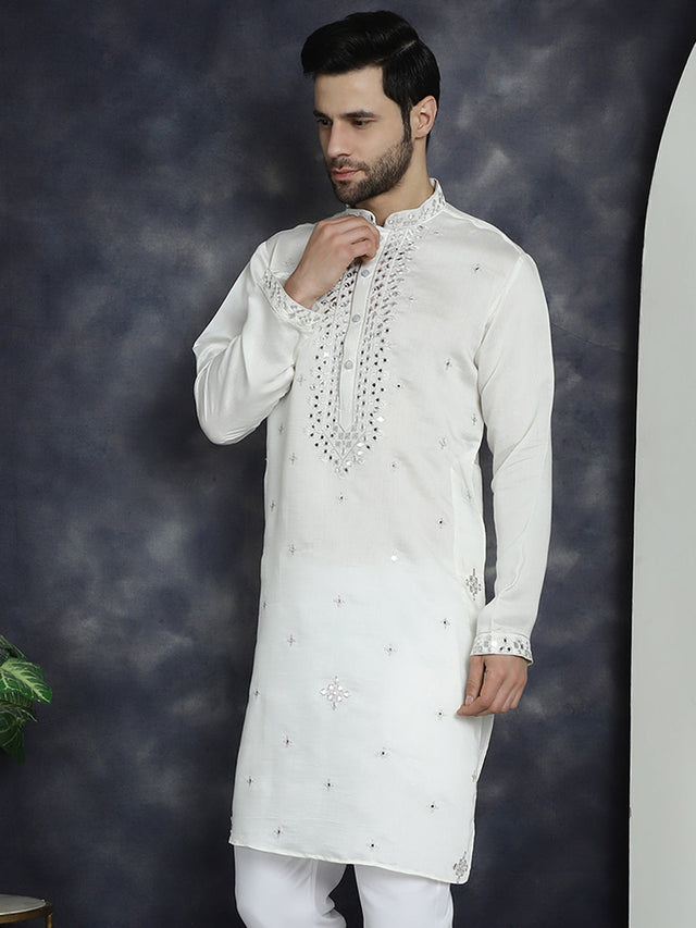 Men's White Embroidered Kurta