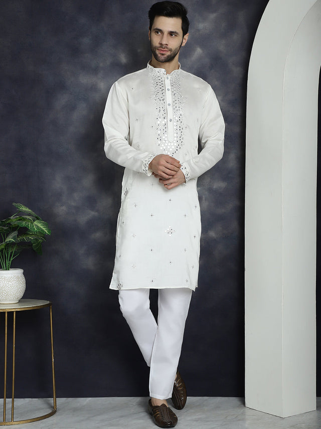 Men's White Embroidered Kurta