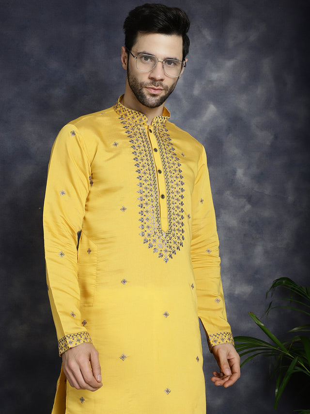 Men's Yellow Sequins Embroidered Kurta