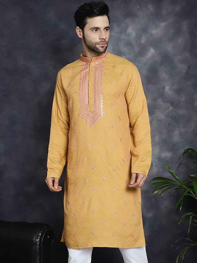 Men's Orange Sequins Embroidered Kurta