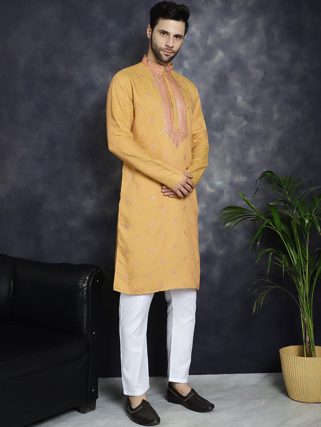 Men's Orange Sequins Embroidered Kurta