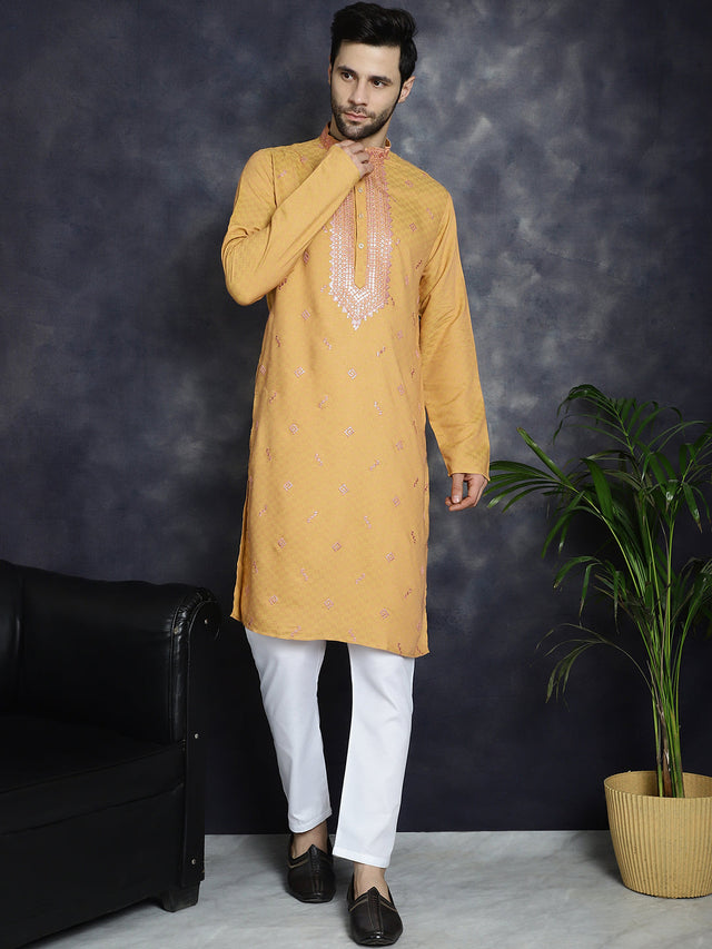 Men's Orange Sequins Embroidered Kurta