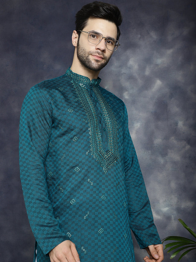 Men's Teal Sequins Embroidered Kurta
