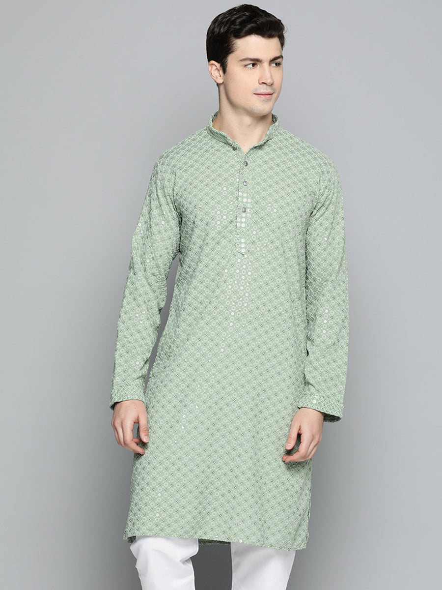 Men's Light Green Chikankari Embroidered and Sequence Kurta main image 0