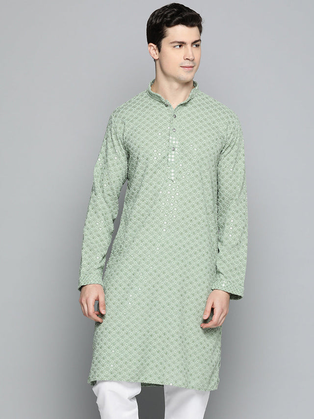 Men's Pista Green Chikankari Embroidered And Sequin Kurta