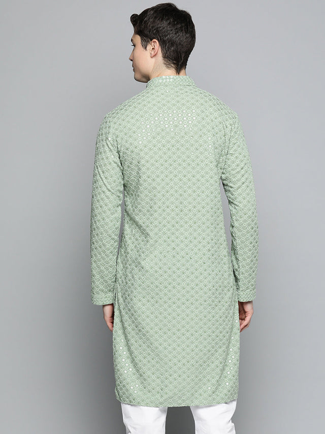 Men's Pista Green Chikankari Embroidered And Sequin Kurta