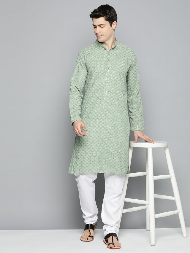 Men's Pista Green Chikankari Embroidered And Sequin Kurta