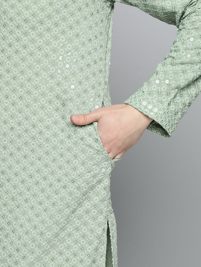 Men's Pista Green Chikankari Embroidered And Sequin Kurta