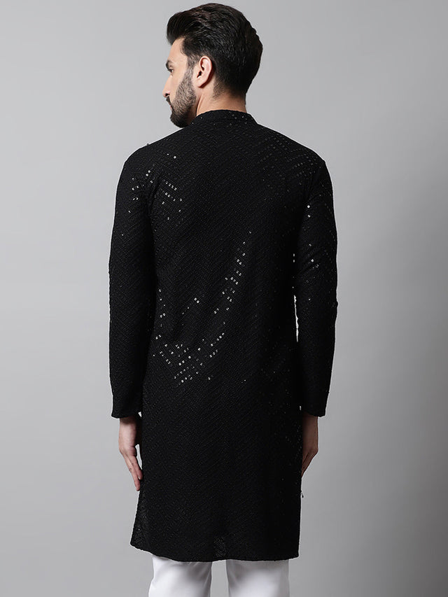 Men's Black Embroidered Sequined Kurta