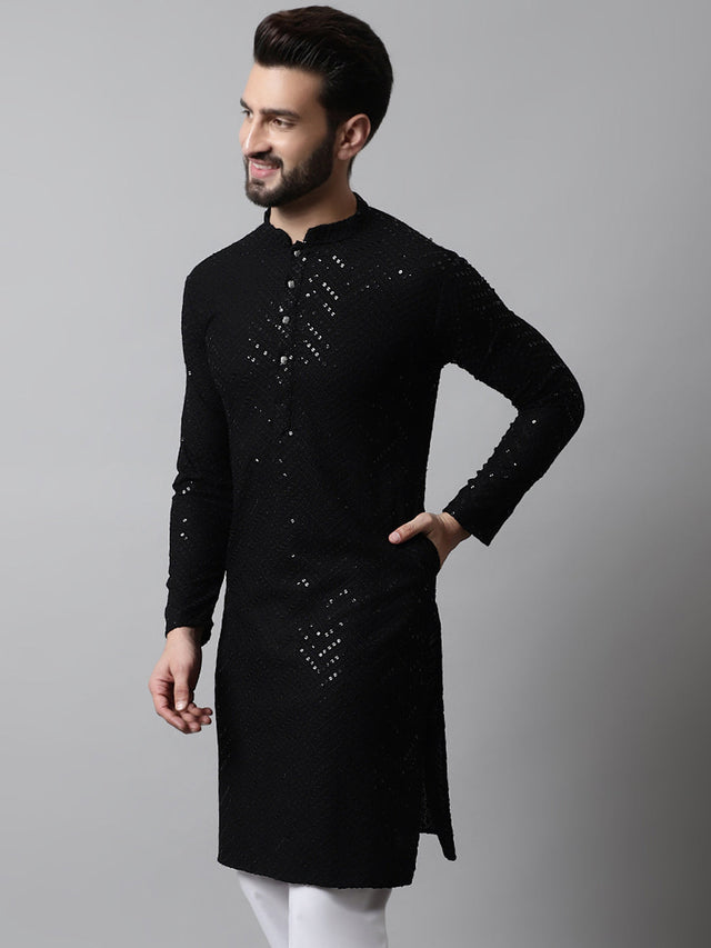 Men's Black Embroidered Sequined Kurta