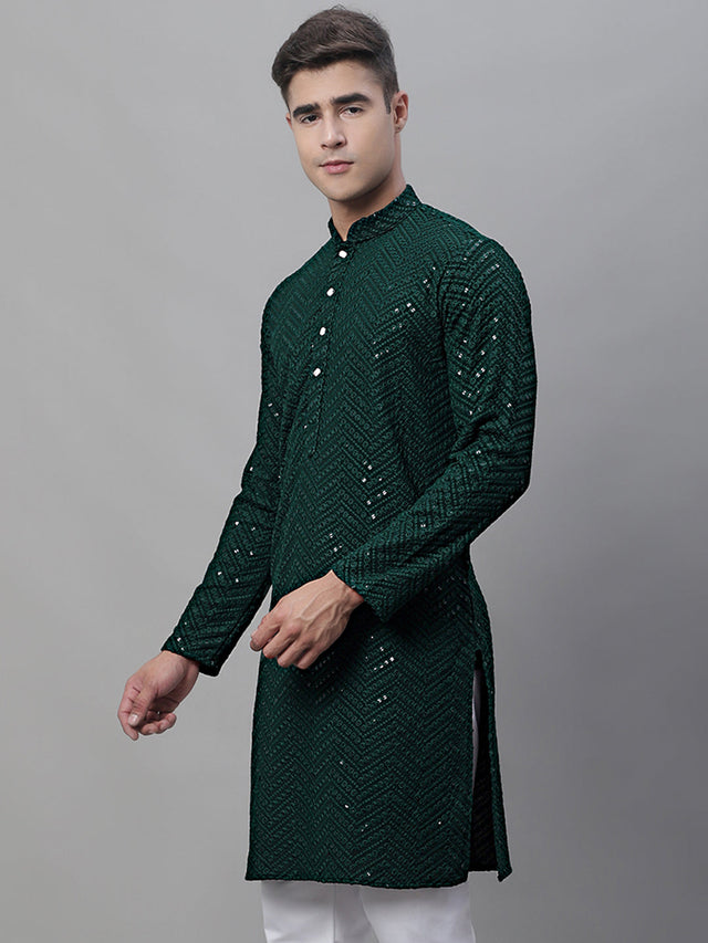 Men's Olive Green Embroidered Sequined Kurta
