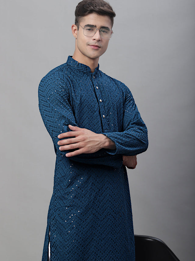 Men's Peacock Blue Embroidered Sequined Kurta