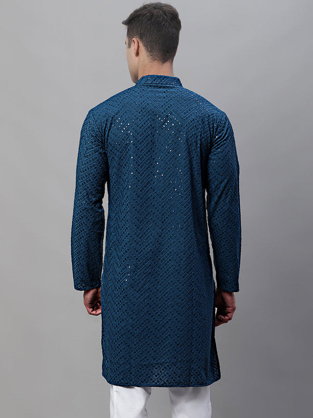 Men's Peacock Blue Embroidered Sequined Kurta