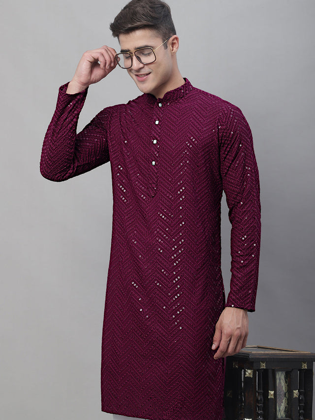 Men's Purple Embroidered Sequined Kurta