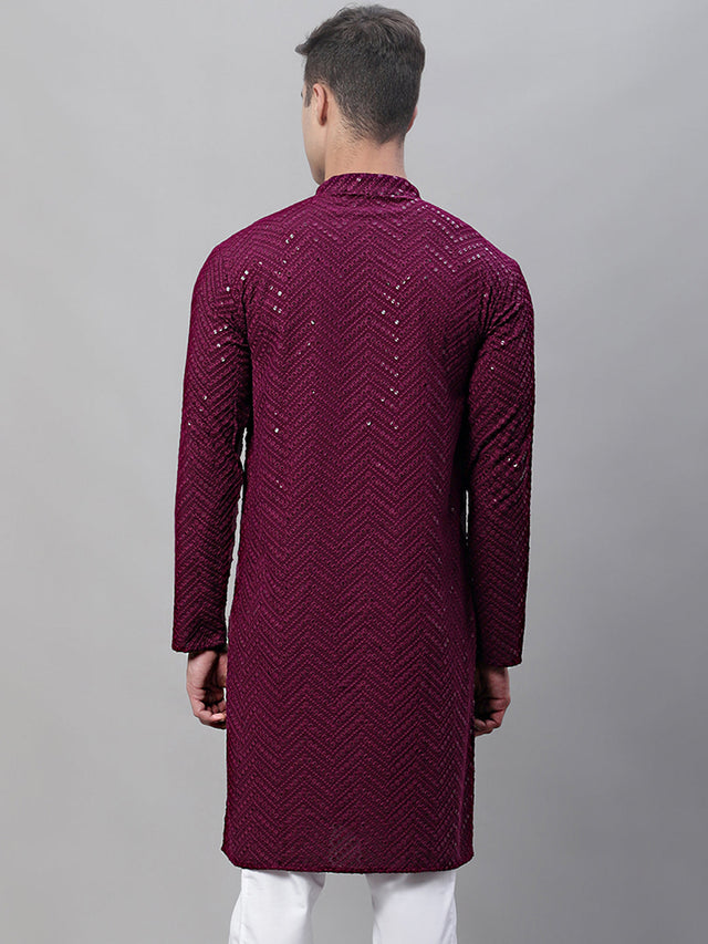 Men's Purple Embroidered Sequined Kurta