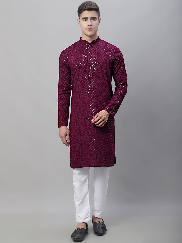 Men's Purple Embroidered Sequined Kurta