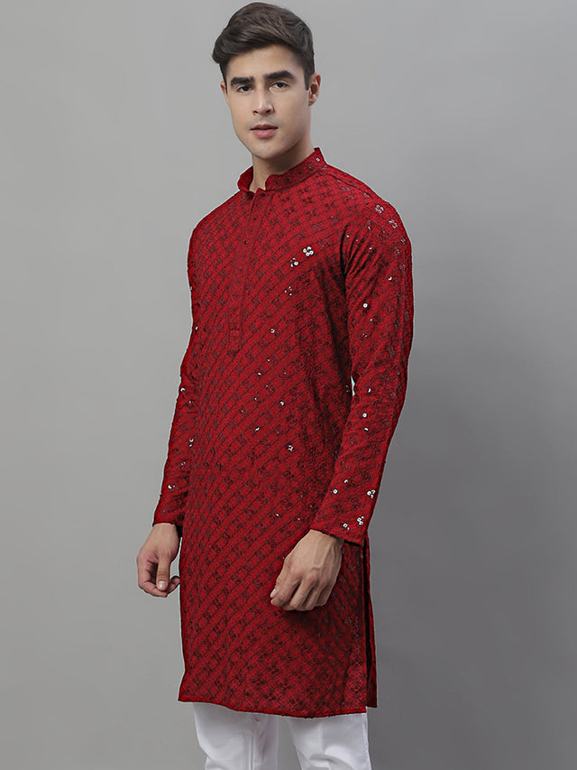 Men's Maroon Chikankari Embroidered And Sequin Kurta