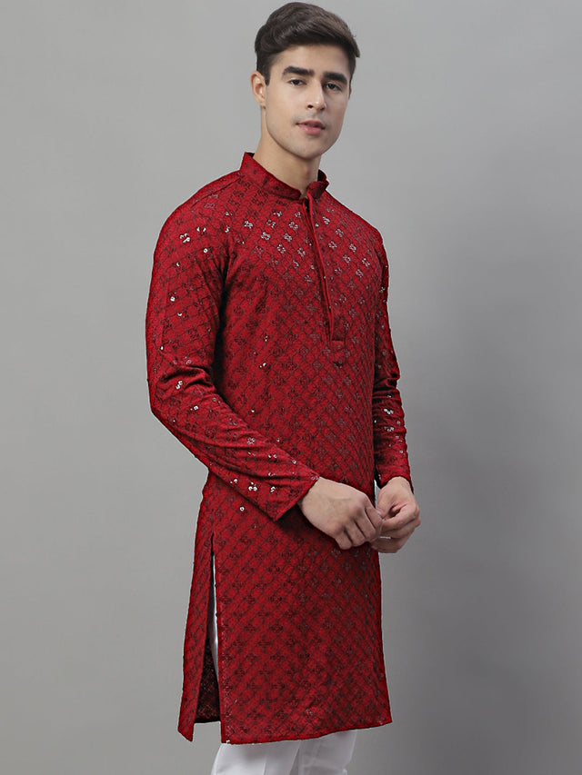 Men's Maroon Chikankari Embroidered And Sequin Kurta
