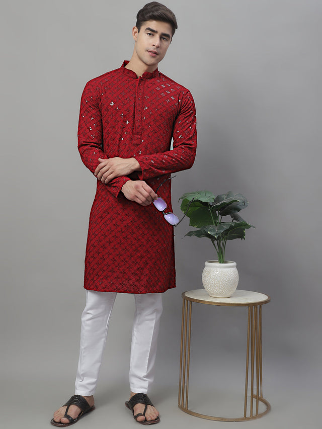 Men's Maroon Chikankari Embroidered And Sequin Kurta