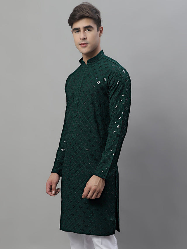 Men's Olive Green Chikankari Embroidered And Sequin Kurta