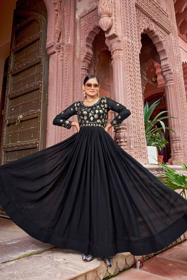 Black Floral Embroidered Georgette Gown