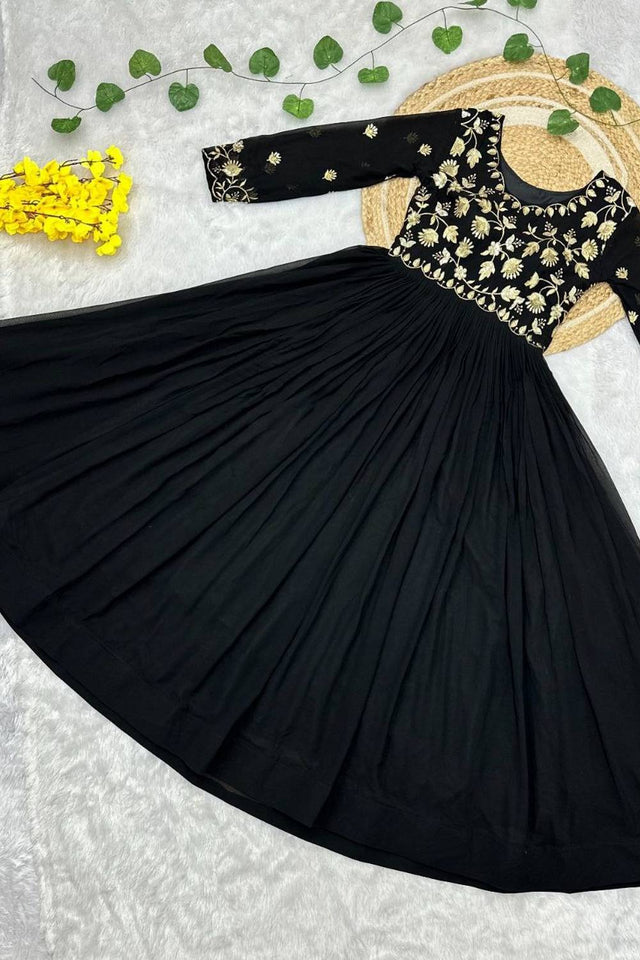 Black Floral Embroidered Georgette Gown