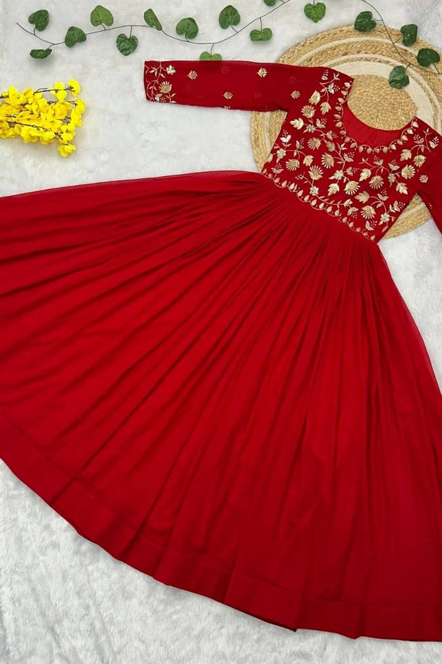 Maroon Floral Embroidered Georgette Gown