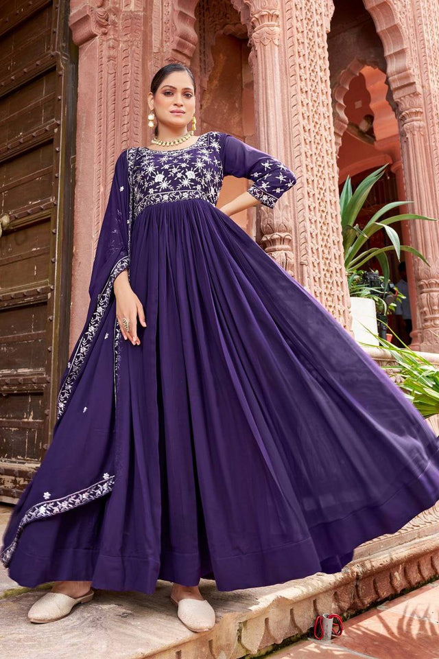 Blue Floral Embroidered Georgette Gown