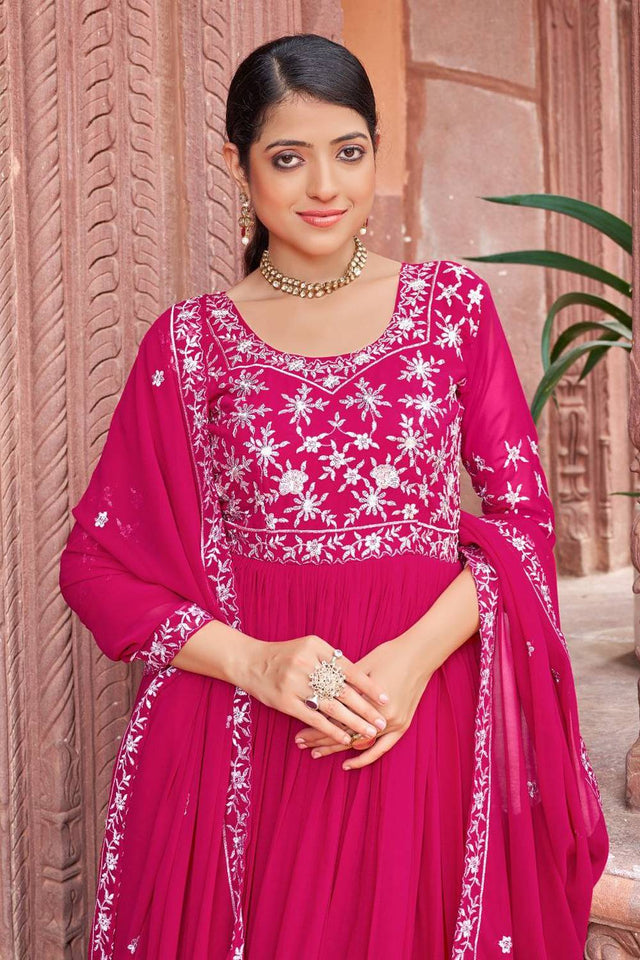 Dark Pink Floral Embroidered Georgette Gown