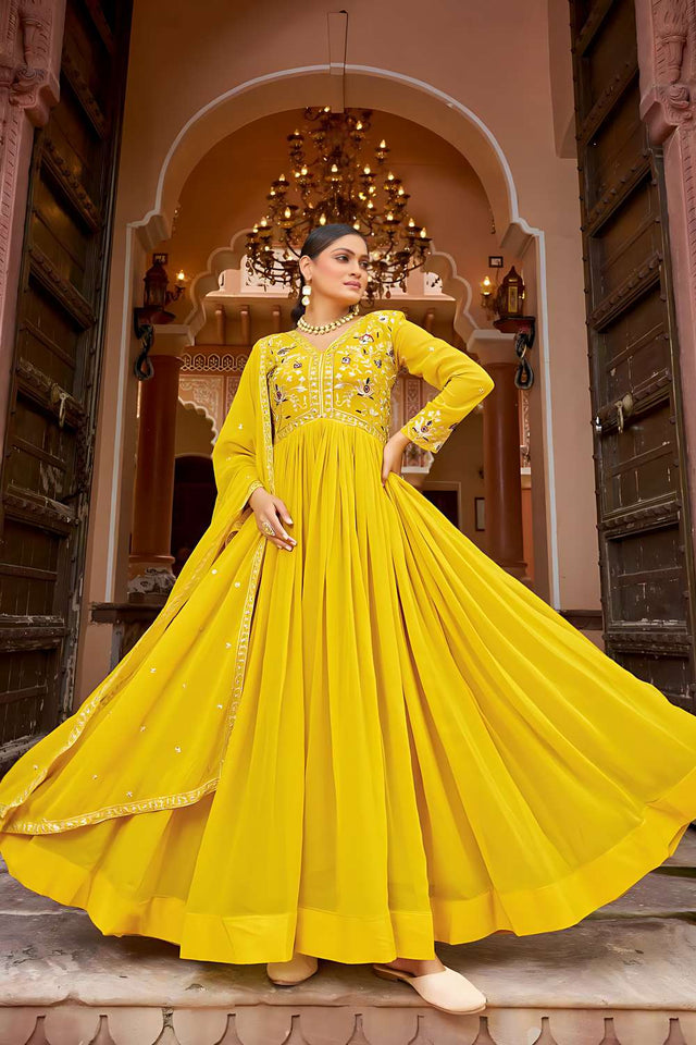 Yellow Sequin Georgette Anarakali Gown