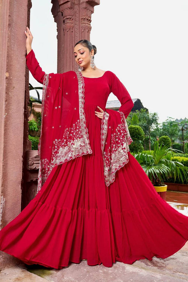 Red Solid Georgette Gown