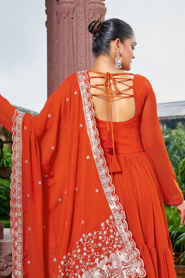 Rust Solid Georgette Gown