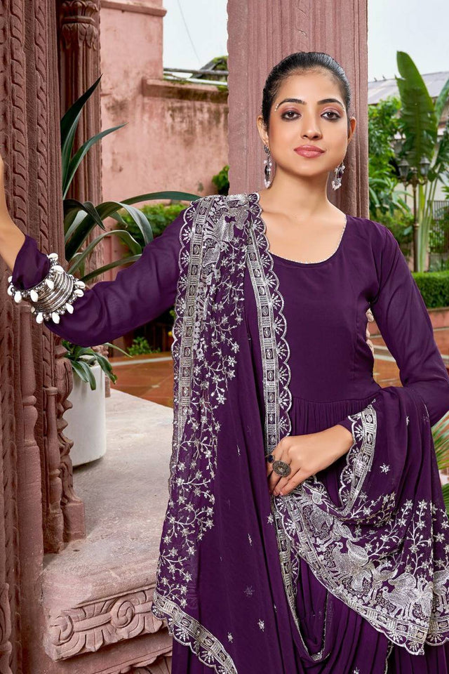 Wine Solid Georgette Gown