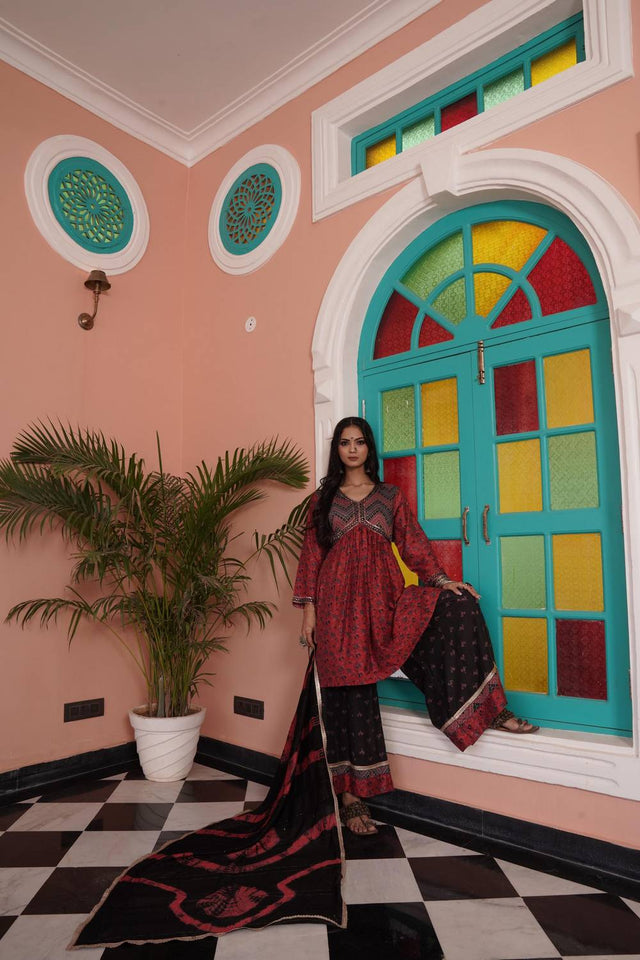 Red Ajrakh Printed Cotton Kurti Palazzo Set