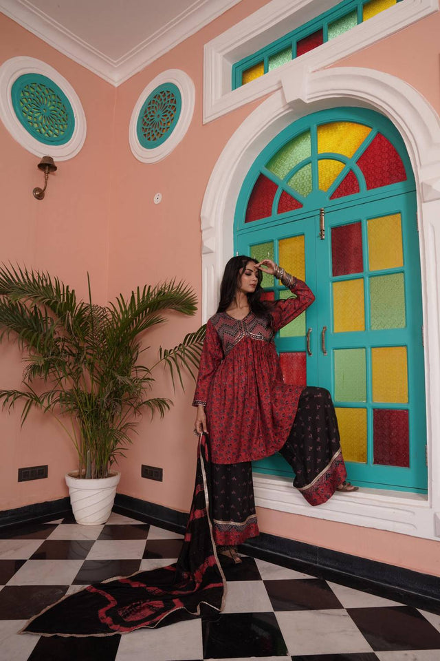 Red Ajrakh Printed Cotton Kurti Palazzo Set