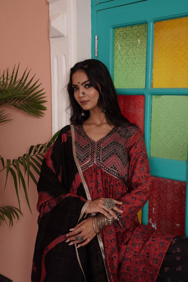 Red Ajrakh Printed Cotton Kurti Palazzo Set