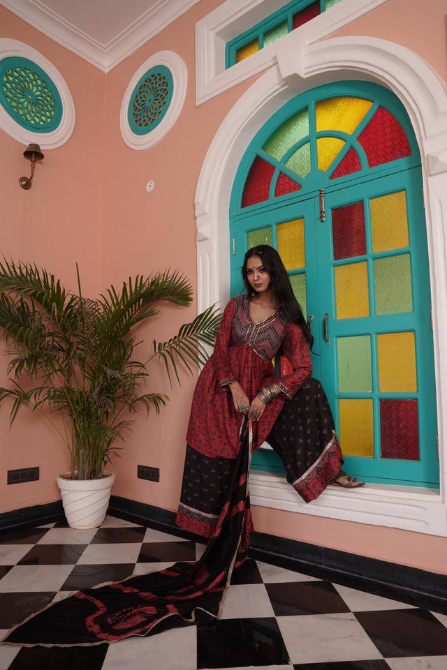 Red Ajrakh Printed Cotton Kurti Palazzo Set