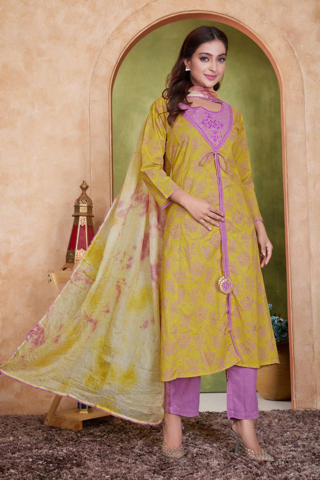 Mustard Floral Printed Cotton Kurti Pant Set