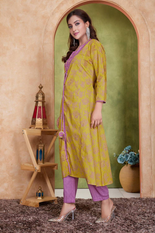 Mustard Floral Printed Cotton Kurti Pant Set