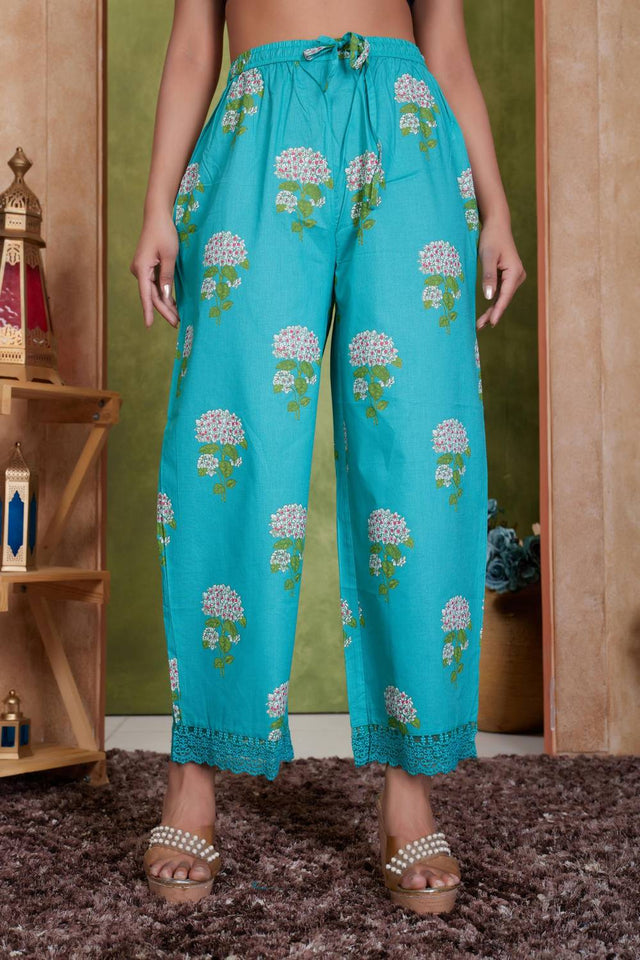 Blue Floral Printed Cotton Anarkali Suit Set