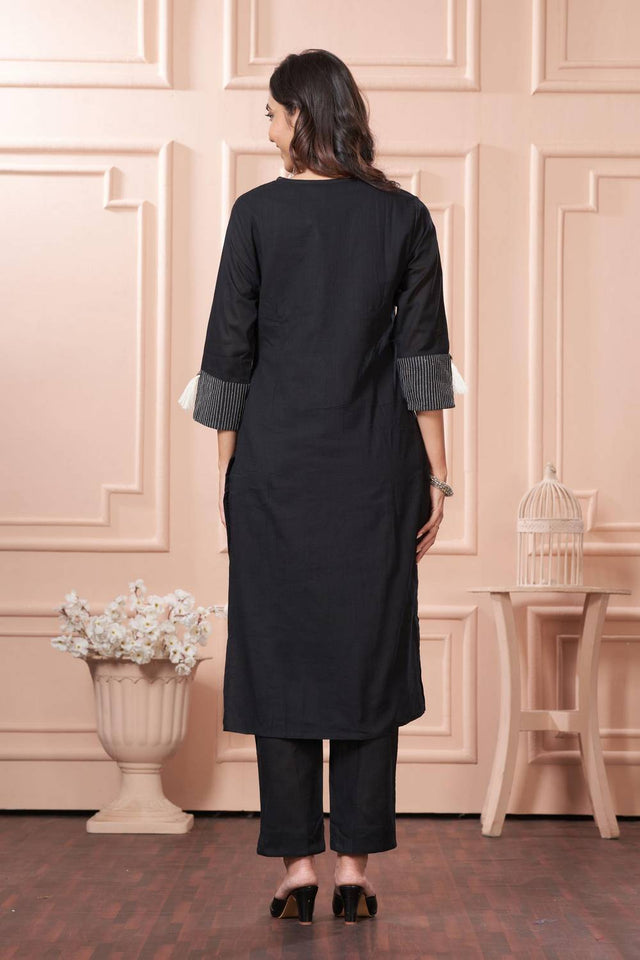Black Embroidered Cotton Kurti Pant Set