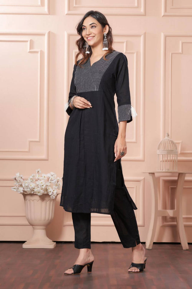 Black Embroidered Cotton Kurti Pant Set