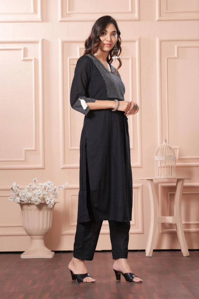 Black Embroidered Cotton Kurti Pant Set