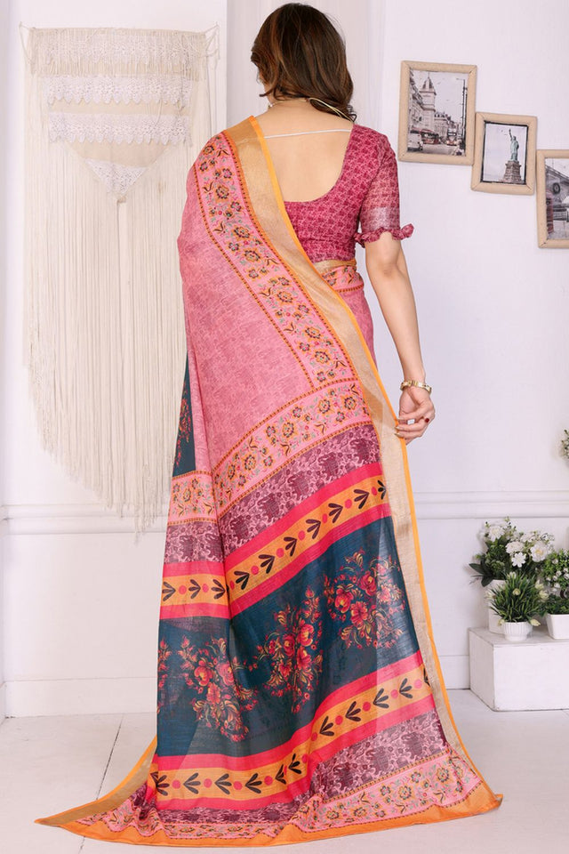 Peach Abstract Printed Linen Saree (LILEN-06PEACH)