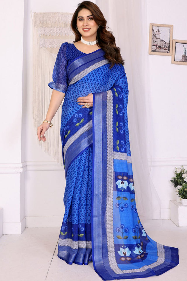Blue Abstract Printed Linen Saree (LILEN-08BLUE)